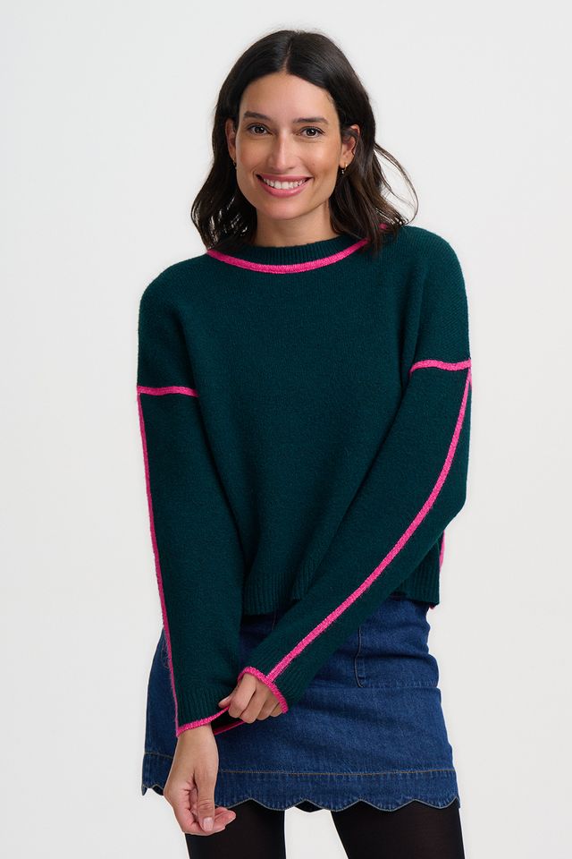 Rozalia Jumper - Dark Jade Green Hot Pink Trim