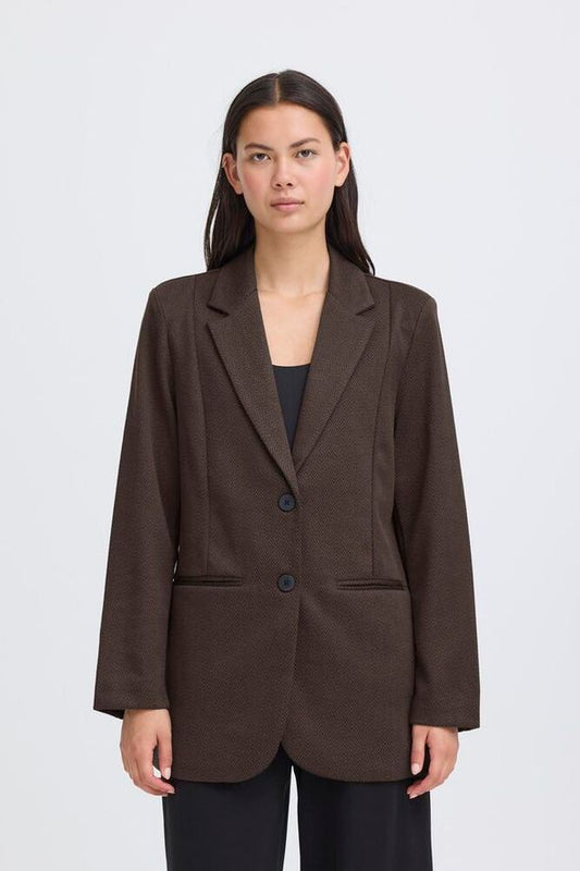 ICHI Kate Jacquard Oversized Blazer - Black/Brown Herringbone