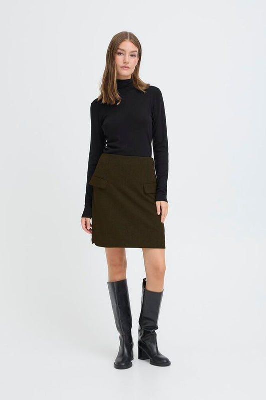 ICHI Kate Jacquard Skirt - Black/Brown Herringbone