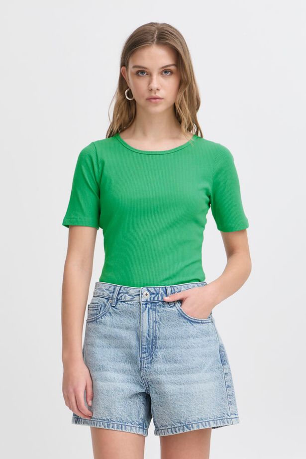 ICHI Palmer Rib Short Sleeve Top - Pine Green