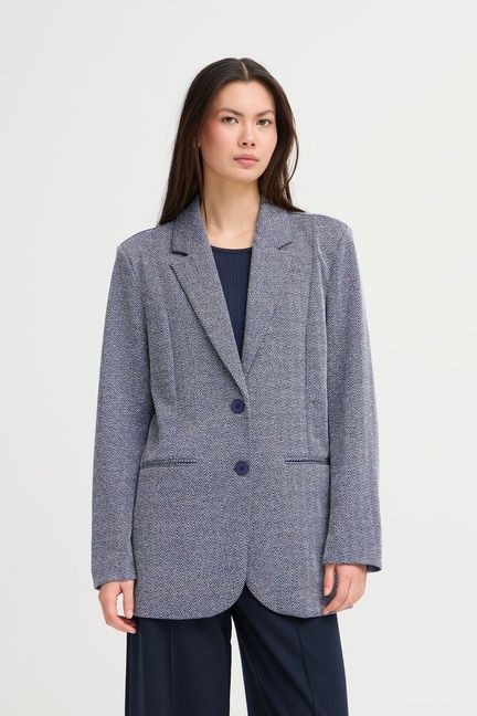 ICHI Kate Jacquard Oversized Blazer - Patriot Blue Herringbone