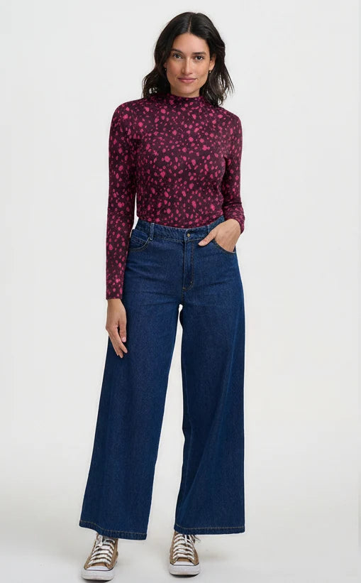 Annika Turtleneck Jersey Top - Brown Dalmatian Dot
