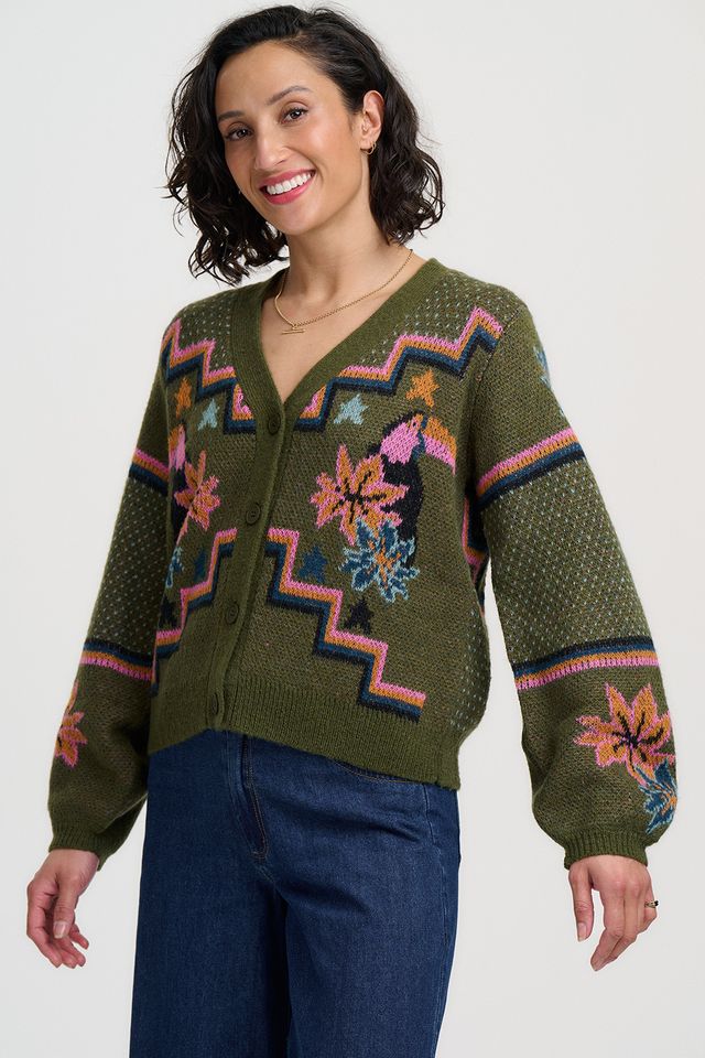 Ryanne Cardigan - Khaki Green Geometric Toucans