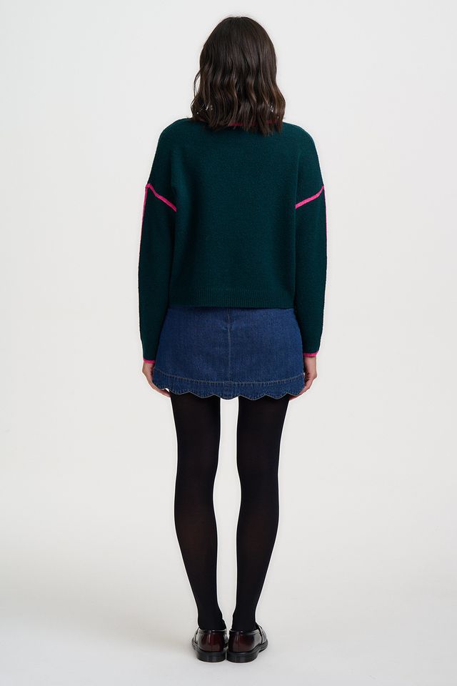 Rozalia Jumper - Dark Jade Green Hot Pink Trim