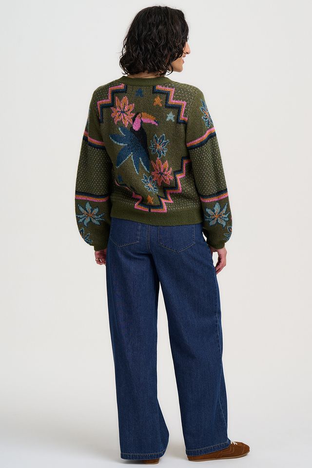 Ryanne Cardigan - Khaki Green Geometric Toucans